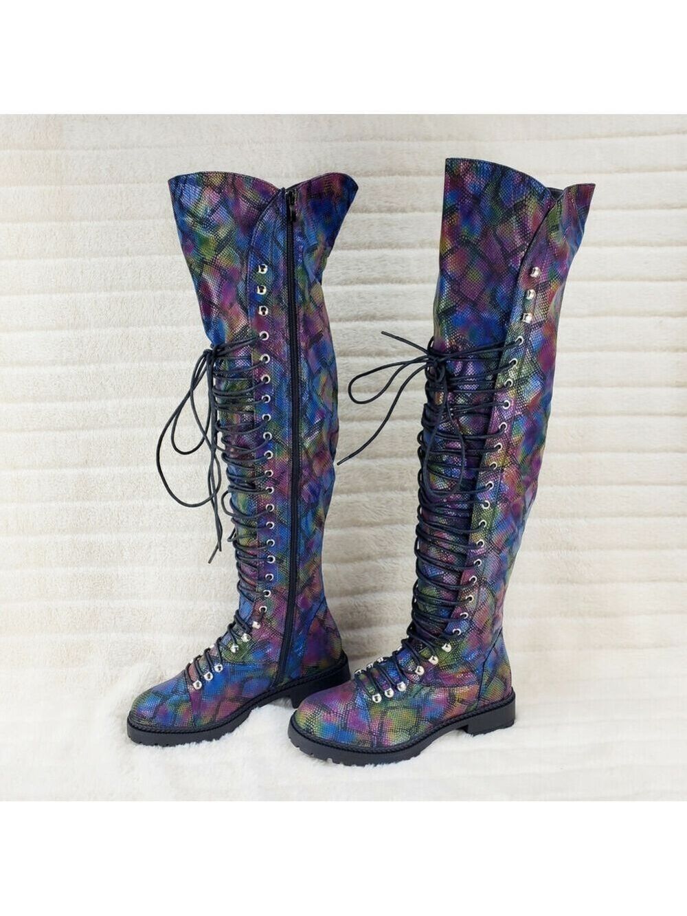 NIB Travis Colorful Rainbow Snake Corset Lace Over the Knee Fashion Riding Boots